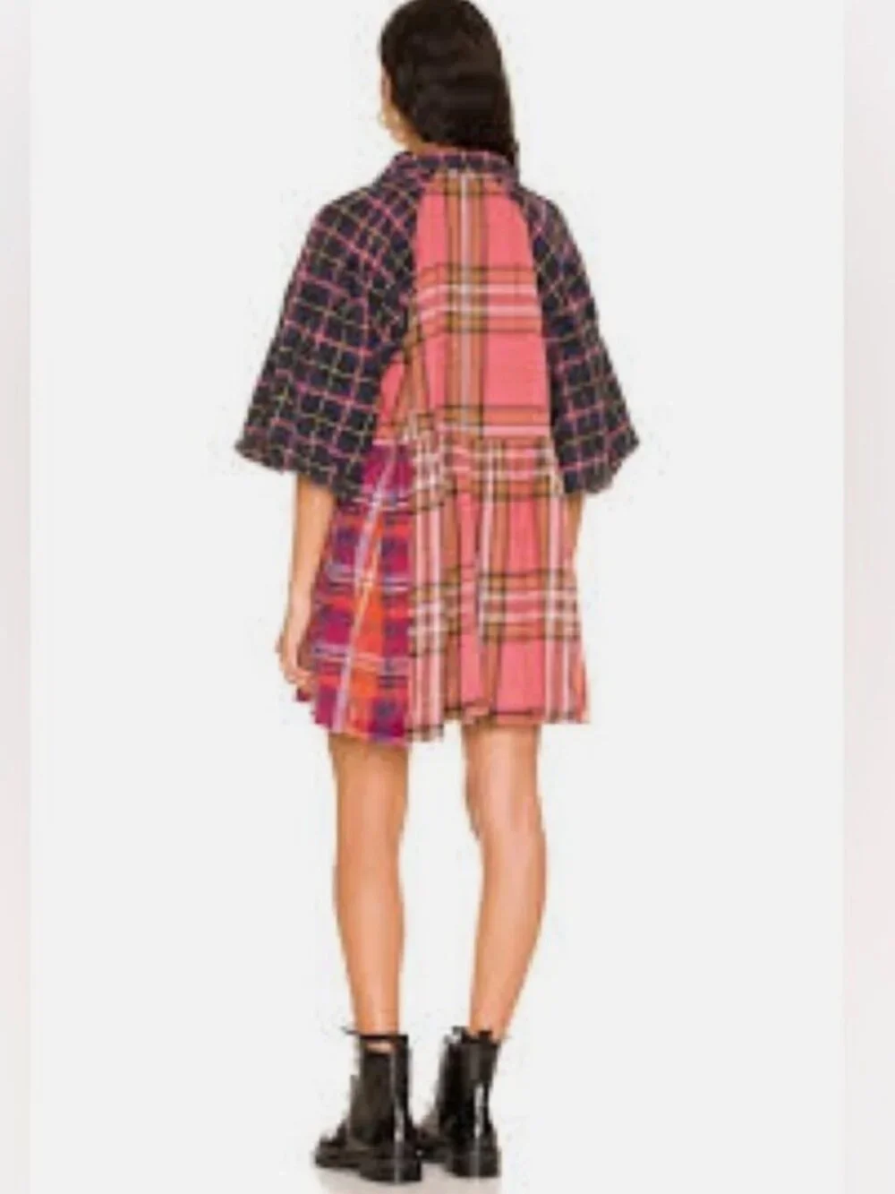 Free People Moon Bay Mixed Plaid Dress Babydoll Patchwork Western Small - Picture 3 of 14